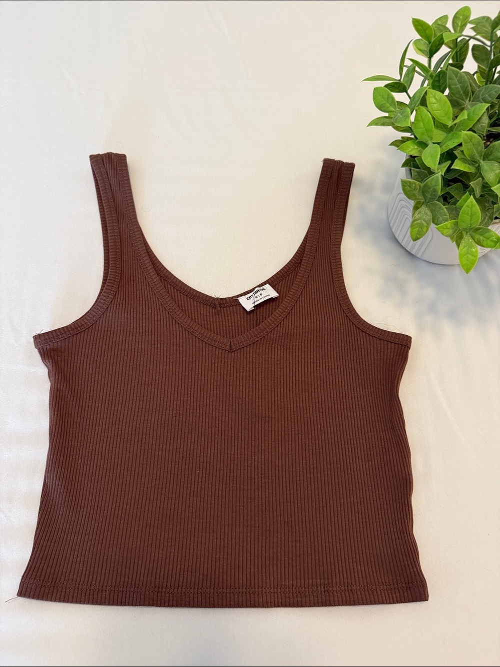 Cotton On Chocolate Brown Ribbed V-Neck Crop Tank